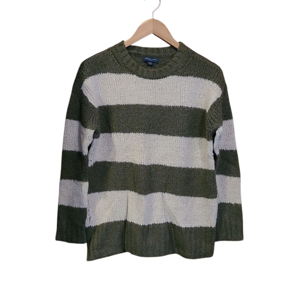 Women's AE Wool Blend Striped Sweater Medium Army Green & Cream
